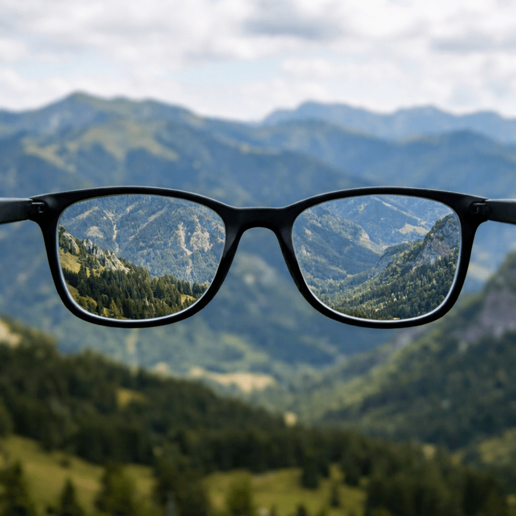 Person mit Fernbrille beim Autofahren